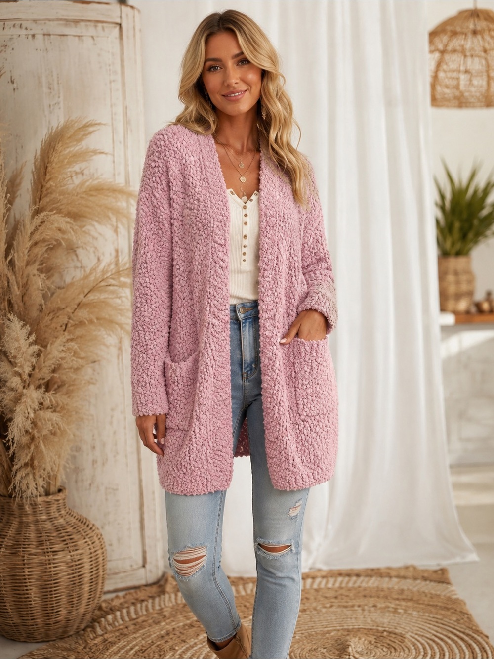Vici Pink Popcorn Pocketed Cardigan